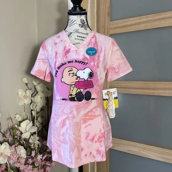 Charlie Brown Snoopy Cherokee Scrubs Tooniforms Peanuts V Neck Top Size XS - Picture 1 of 7